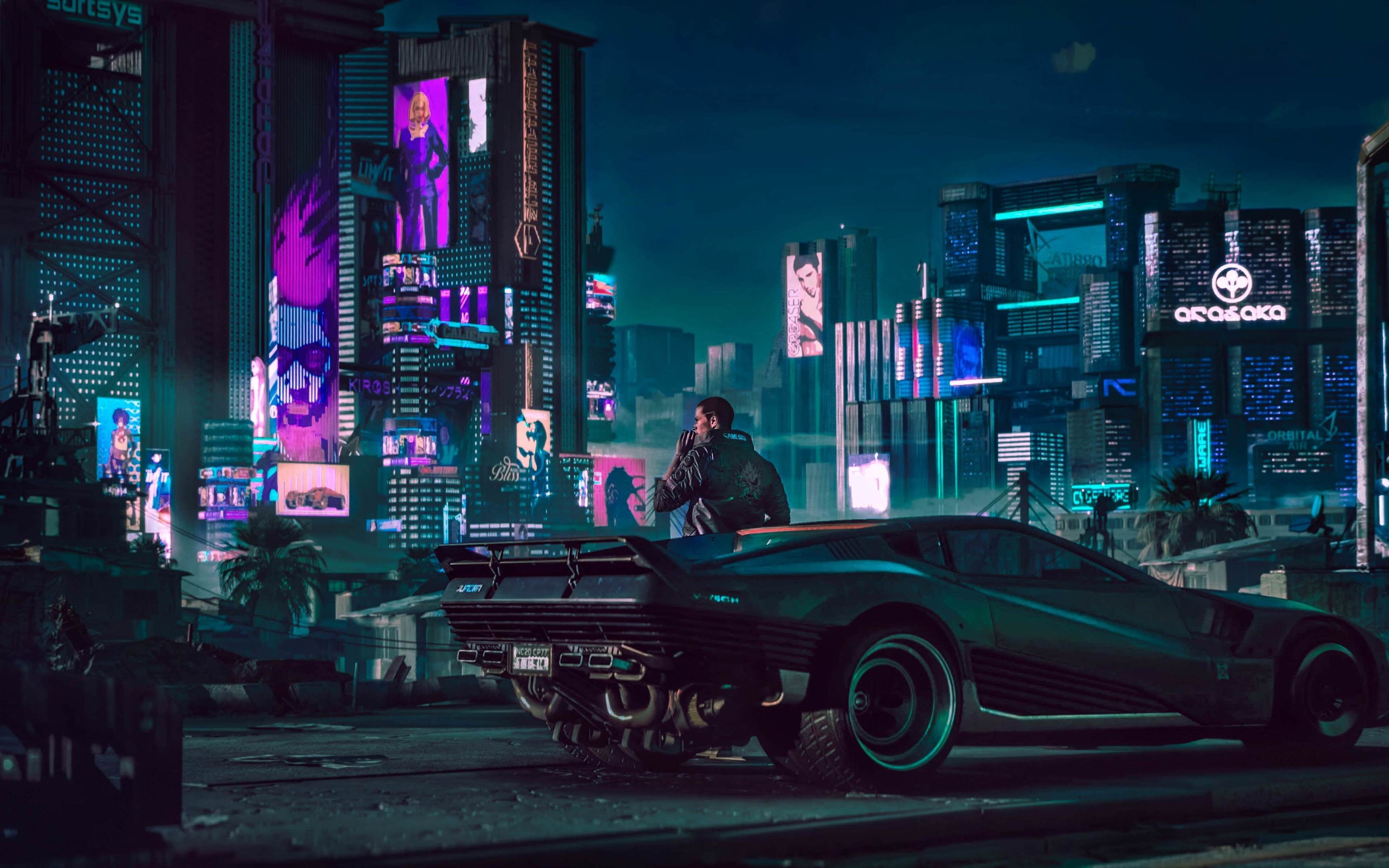 man beside car digital wallpaper, digital art, futuristic city