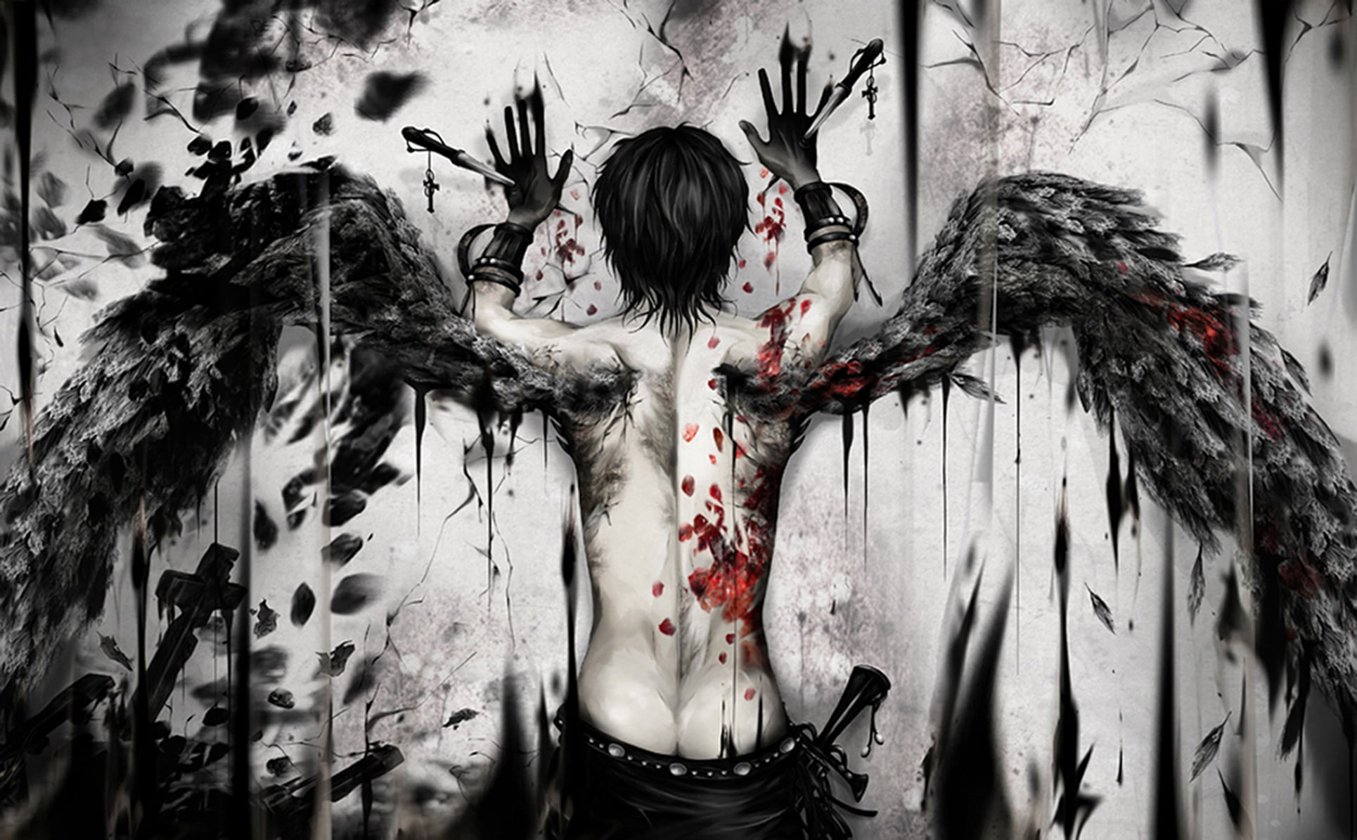 topless man with wings illustration, crosses, blood, petals, Guy