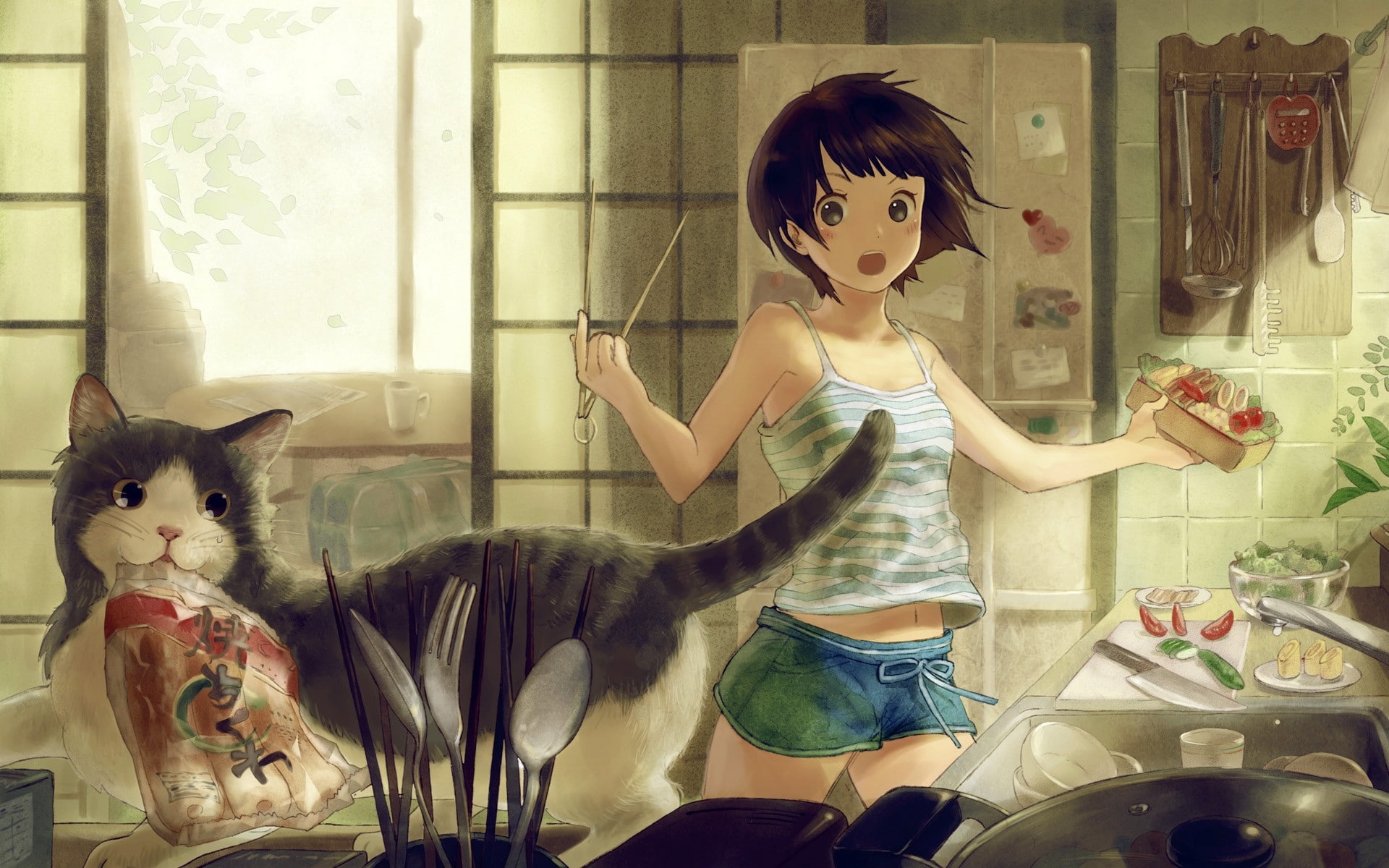 cook, anime girls, cat, kitchen