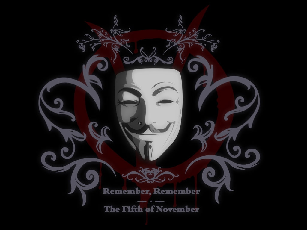 V for Vendetta HD, guy falkes with remember remember the fifth of november text