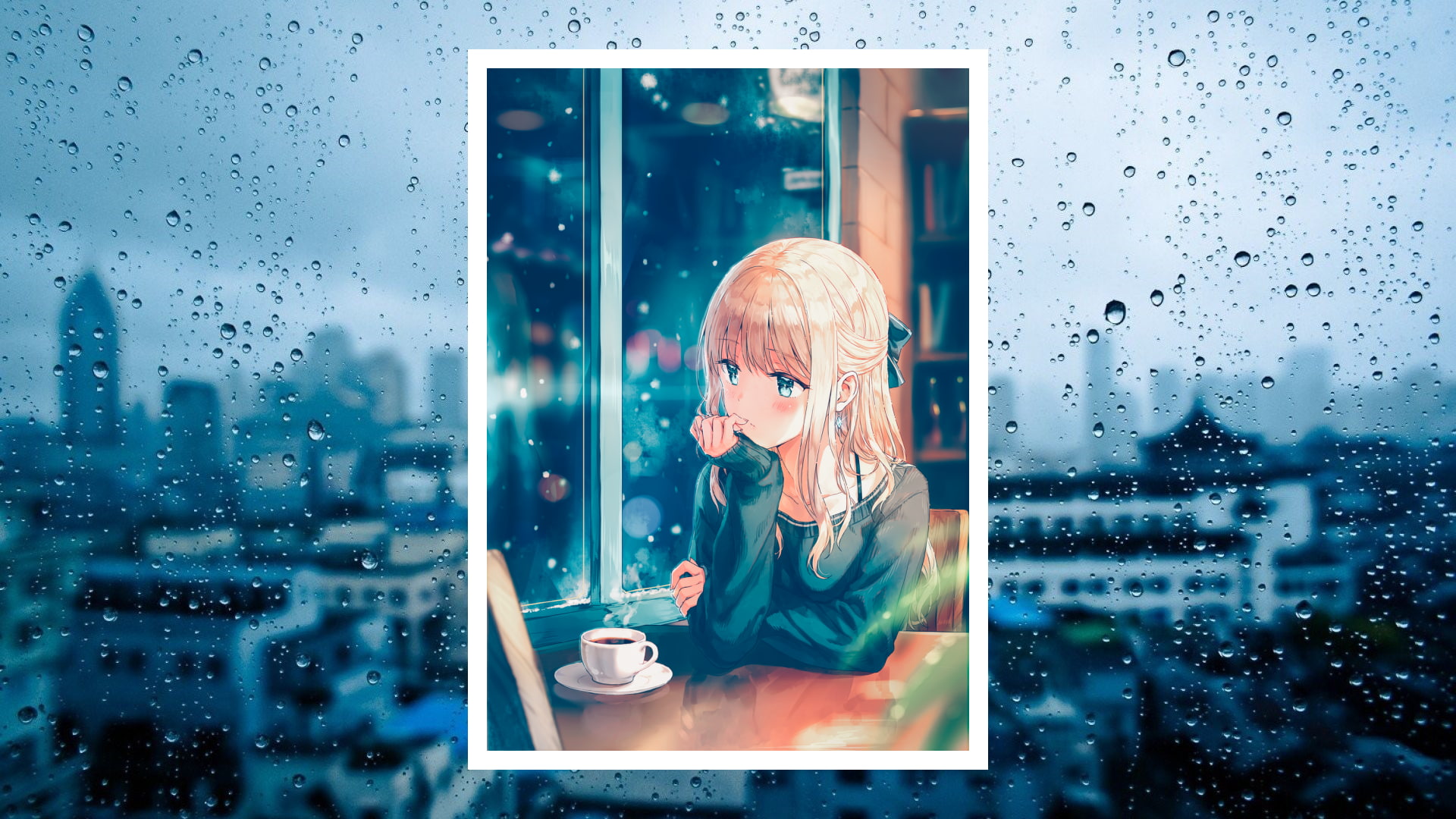 anime girl, window, raining, coffee, blonde, rain drops