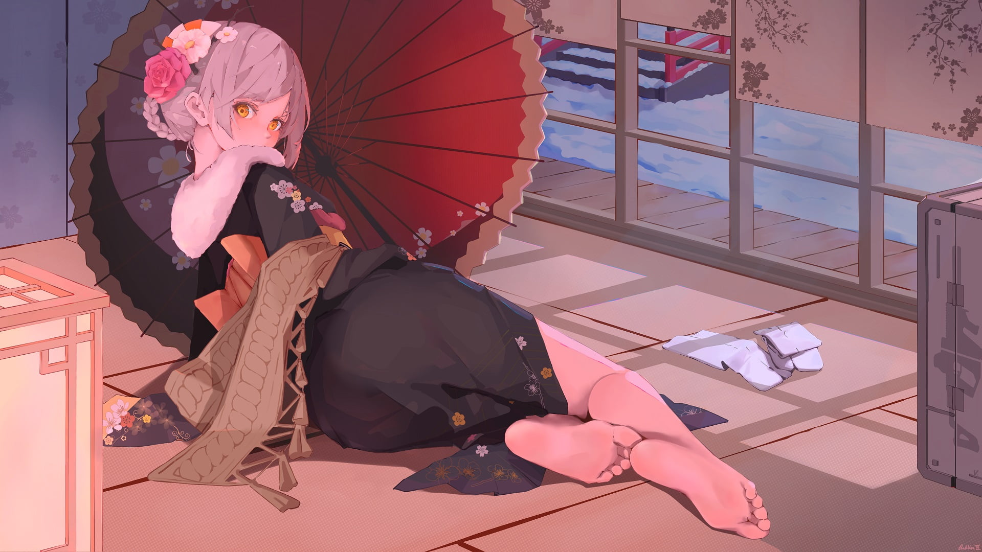 anime, anime girls, umbrella, lying on side, feet, foot sole