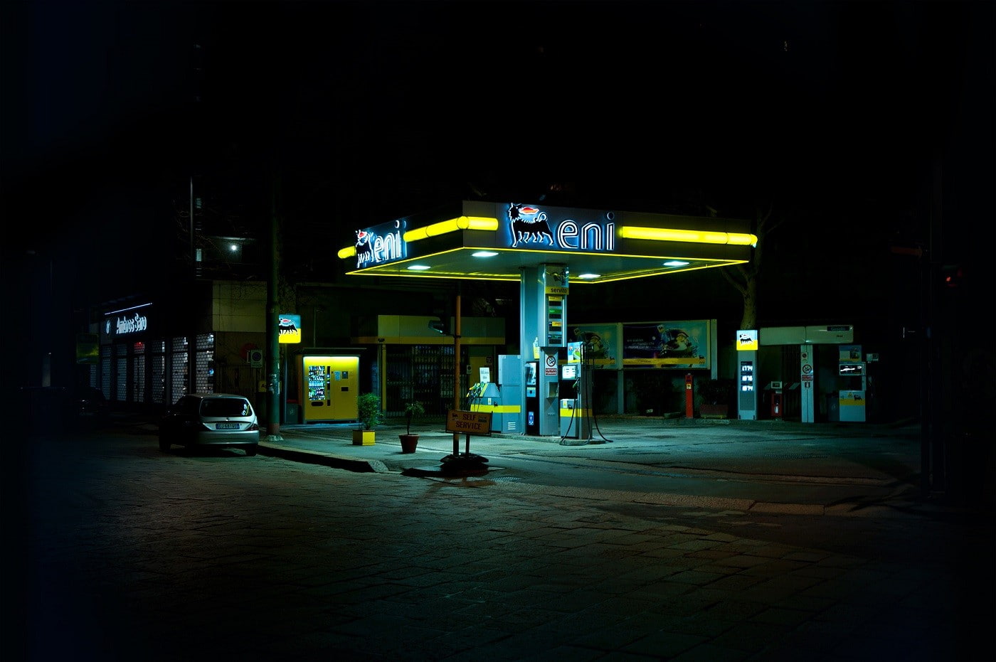 gas stations, urban, night, car, street light, neon lights