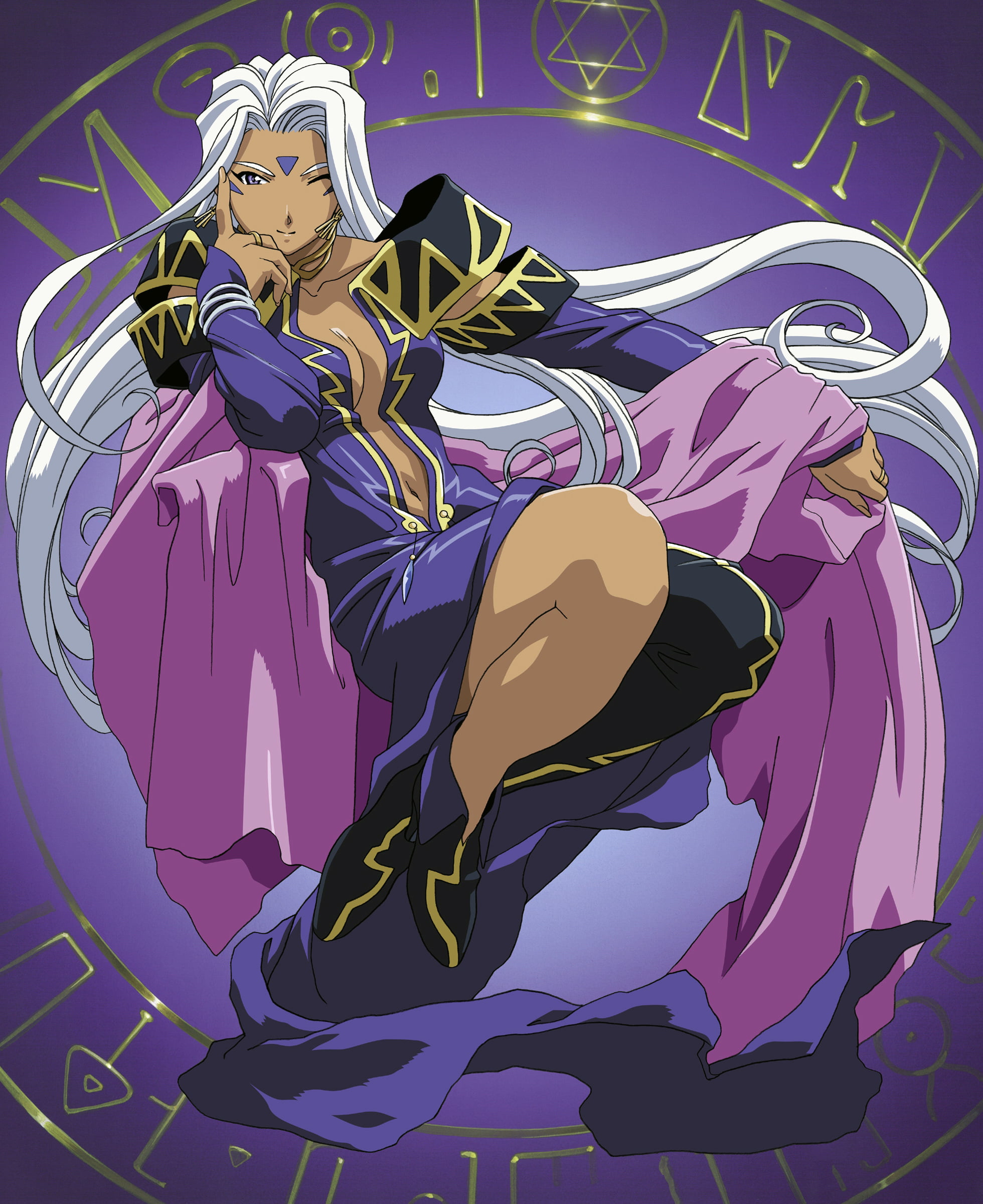 Urd, Ah! My Goddess!, legs, dark skin, white hair, cleavage
