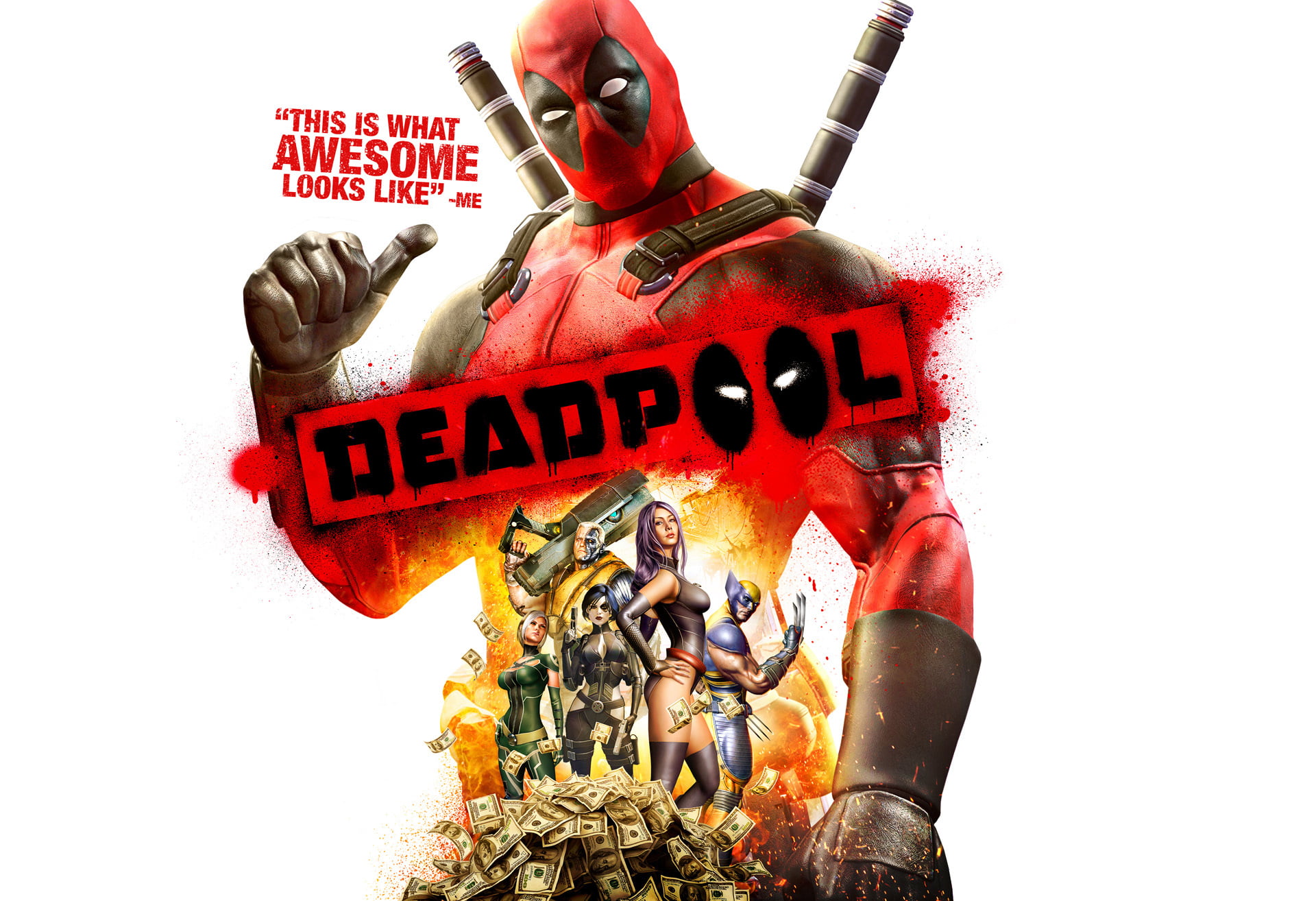 Marvel Deadpool illustration, weapons, fire, flame, money, Wolverine