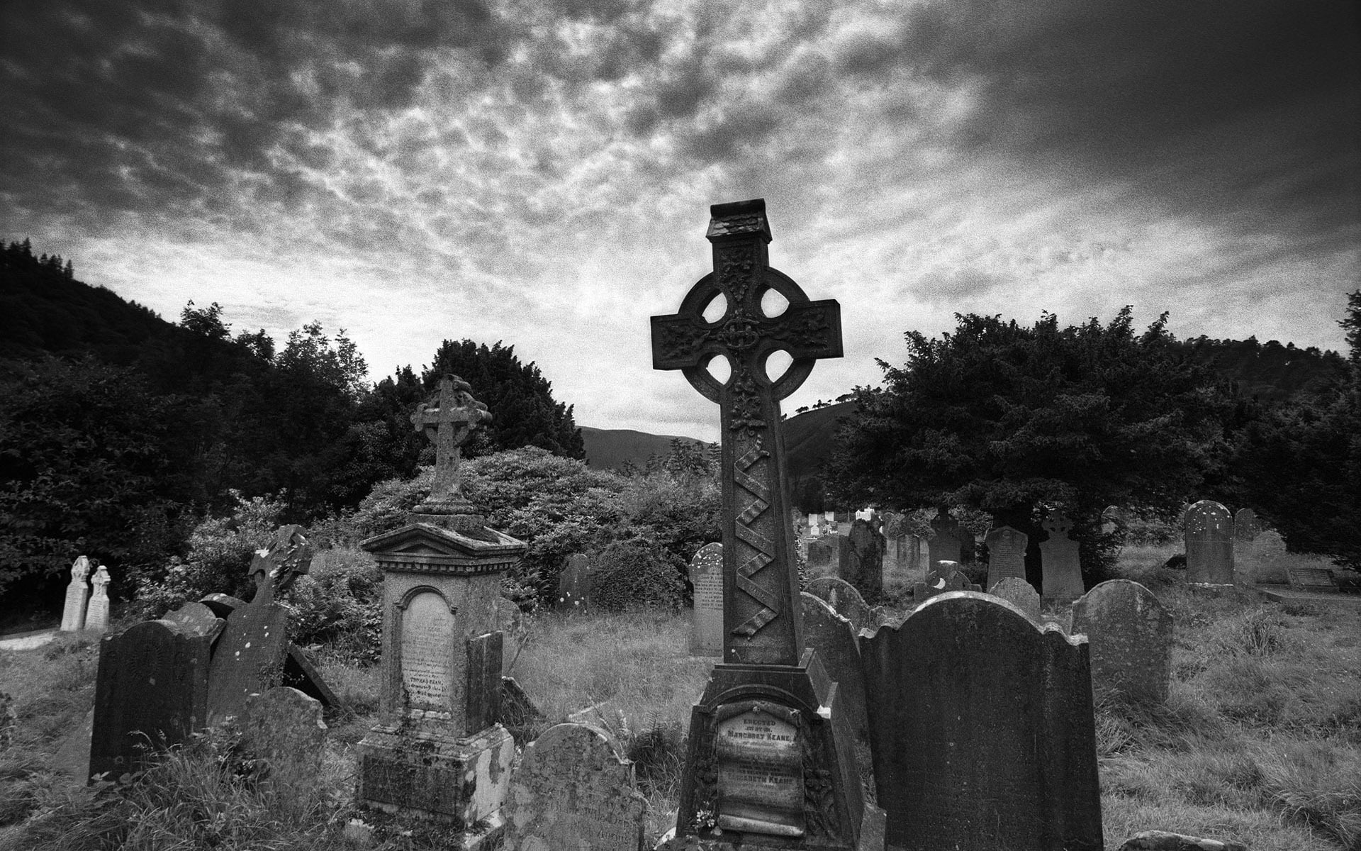 Glendalough, Co. Wicklow, Ireland, blackandwhite, cemetery, clouds