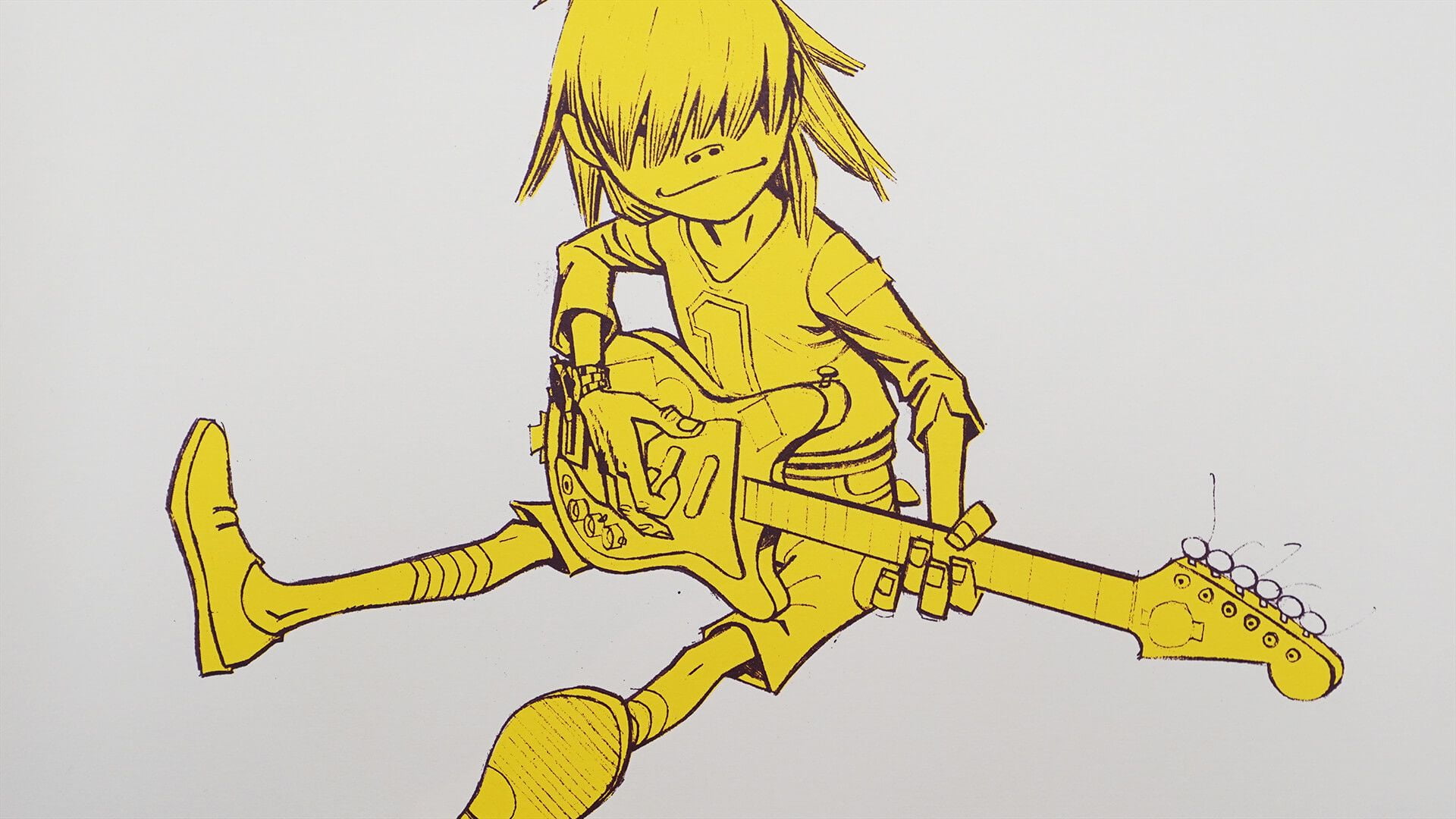 Gorillaz, music, cartoon, guitar, Noodle, yellow, white background