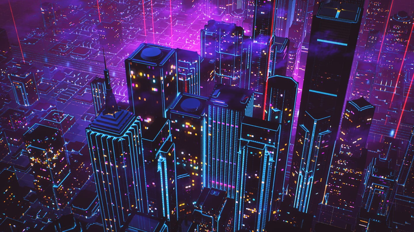 purple and blue buildings wallpaper, aerial city skyline, cityscape