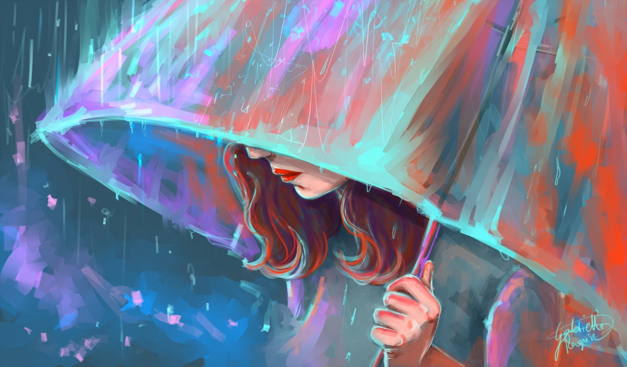 alone, art, girl, rain, sad, umbrella