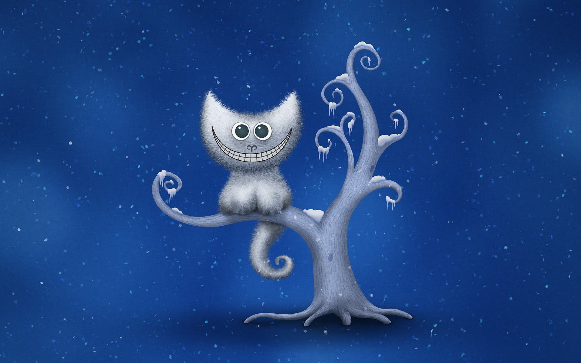 digital art, minimalism, Cheshire Cat, snow, trees, blue background