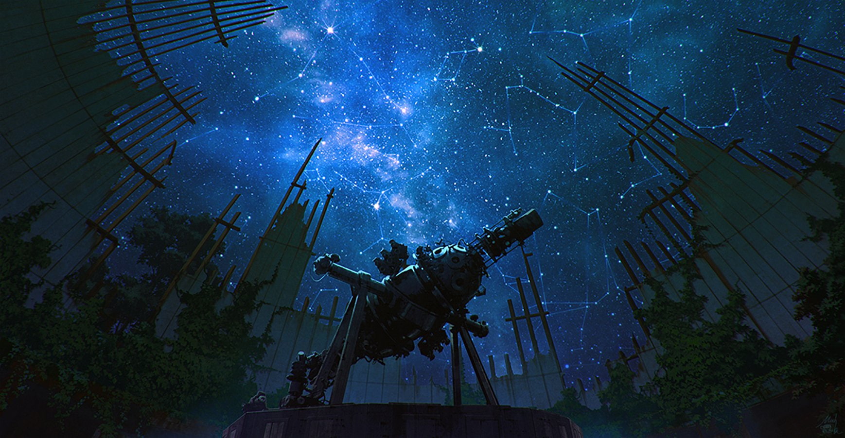 Anime, Original, Fantasy, Galaxy, Night, Observatory, Stars