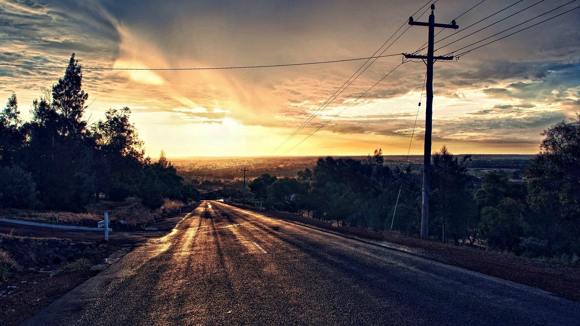 nature, HDR, road, landscape, power lines, sunset