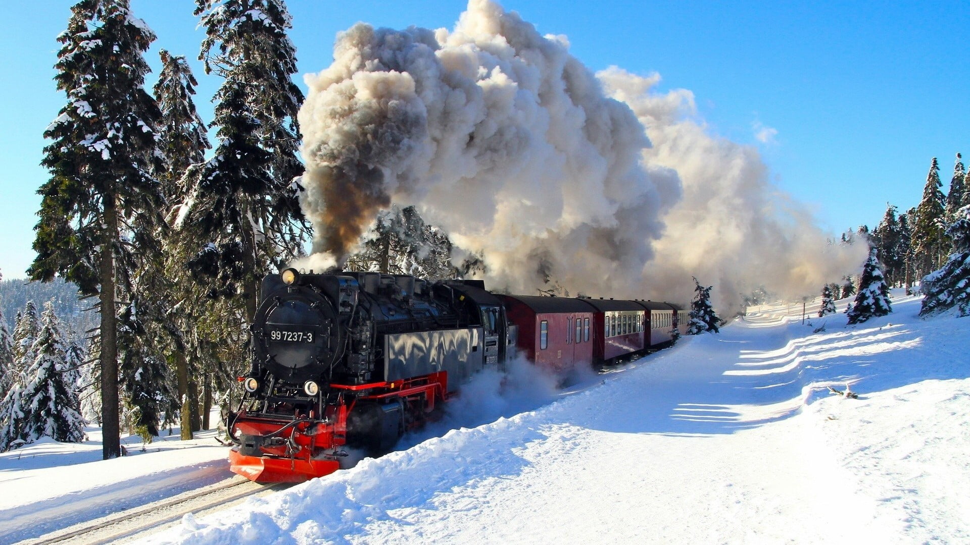 red and black train, snow, steam locomotive, vehicle, winter