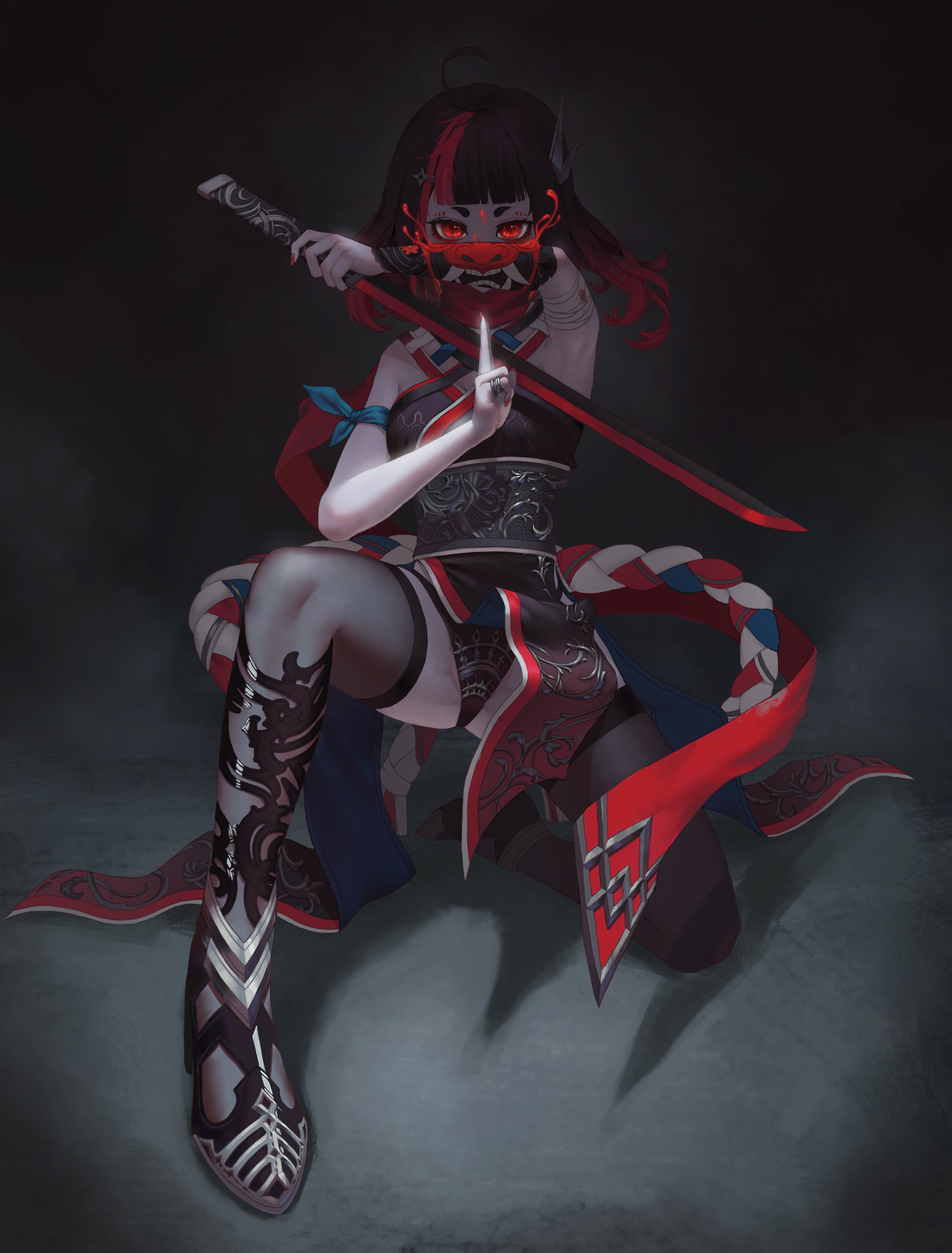 ninja girl, oni mask, sword, red eyes, artwork, minimalism
