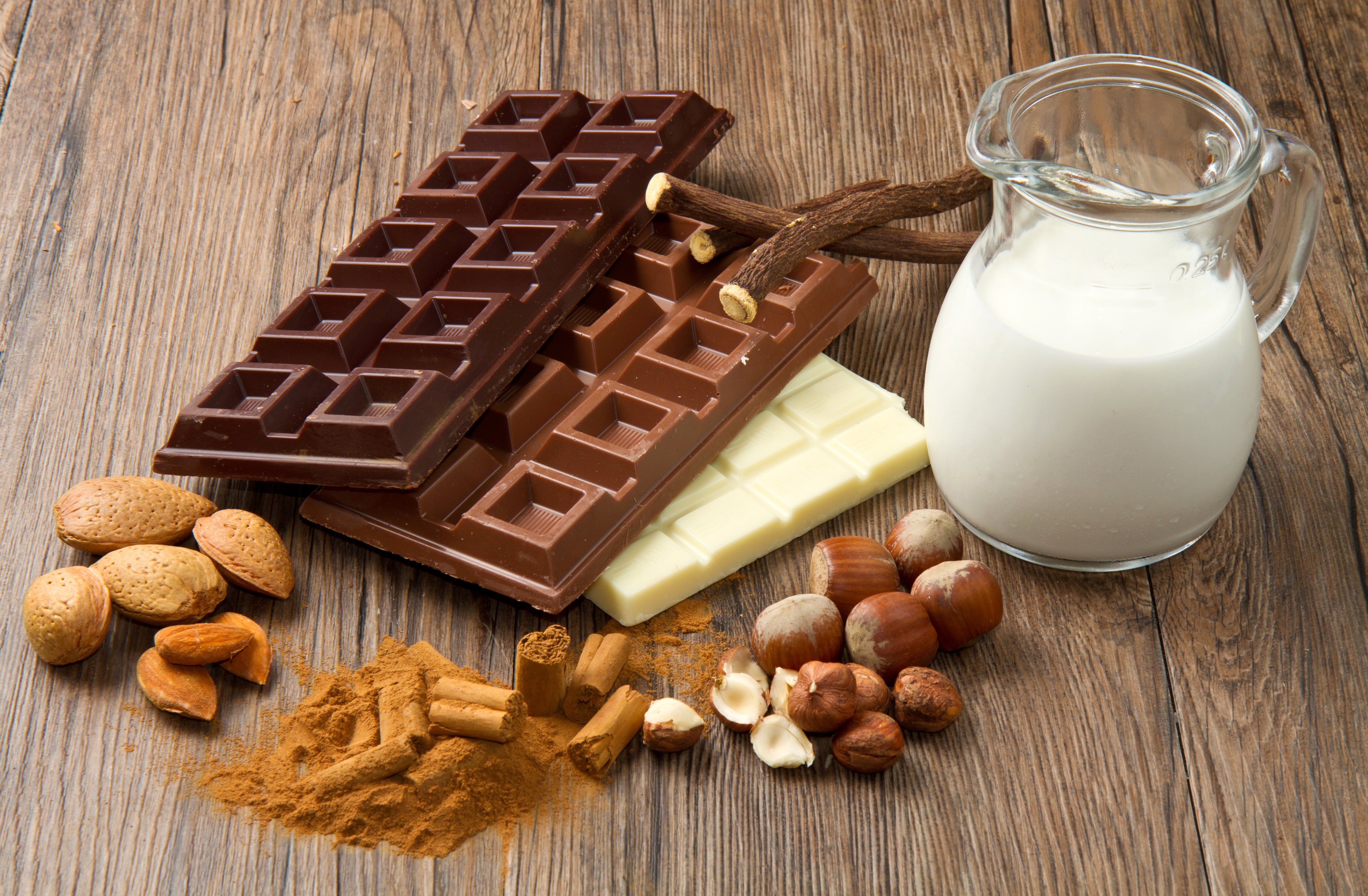 chocolate bars, nuts, milk, food, cookie, dessert, wood - Material