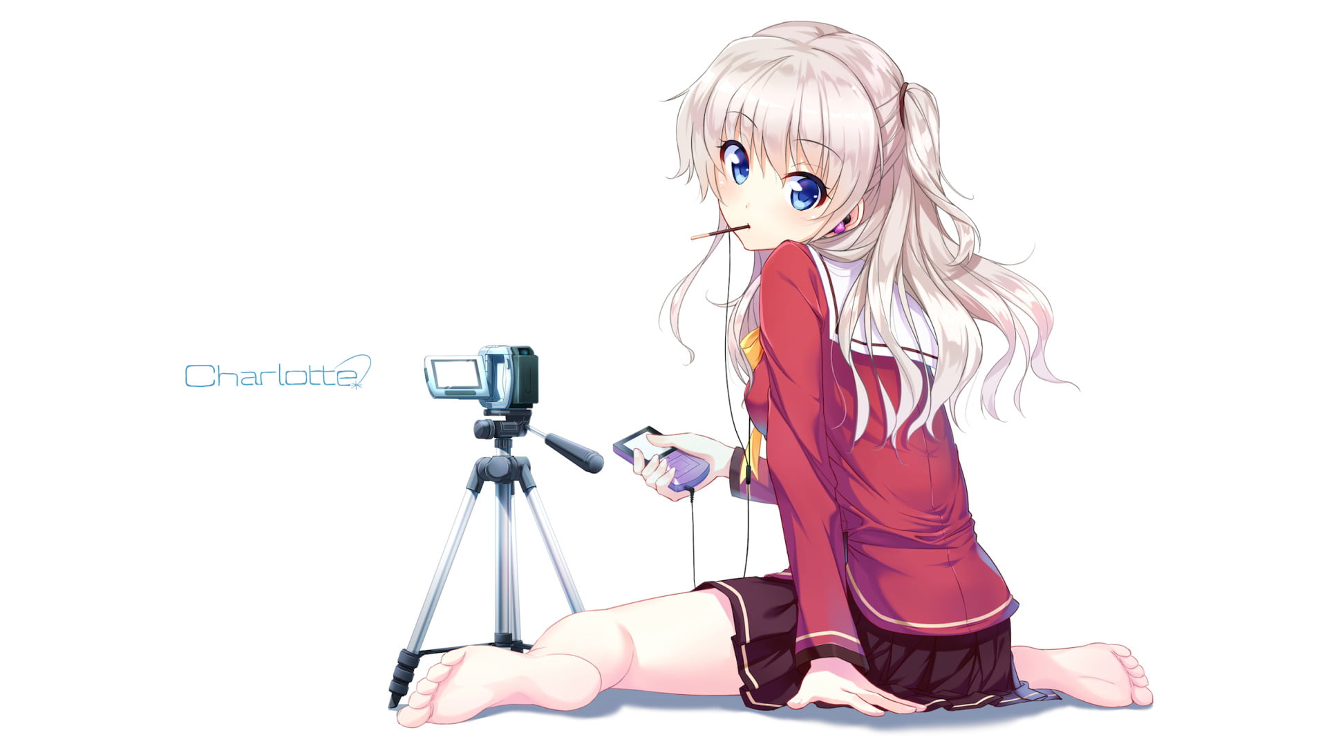 Charlotte anime illustration, Barefoot, Blue Eyes, Blush, Camera