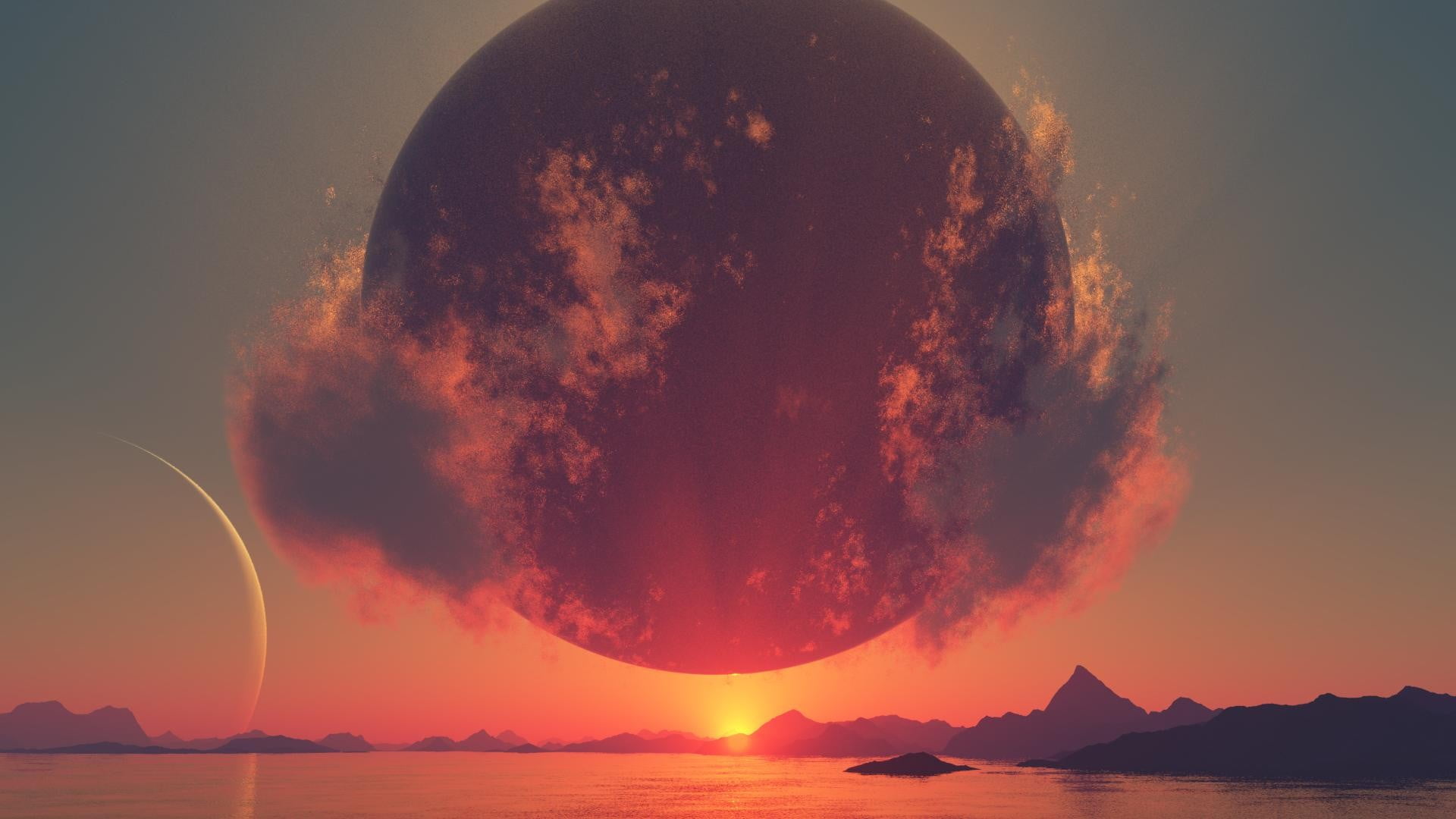 round black moon illustration, digital art, landscape, sunlight