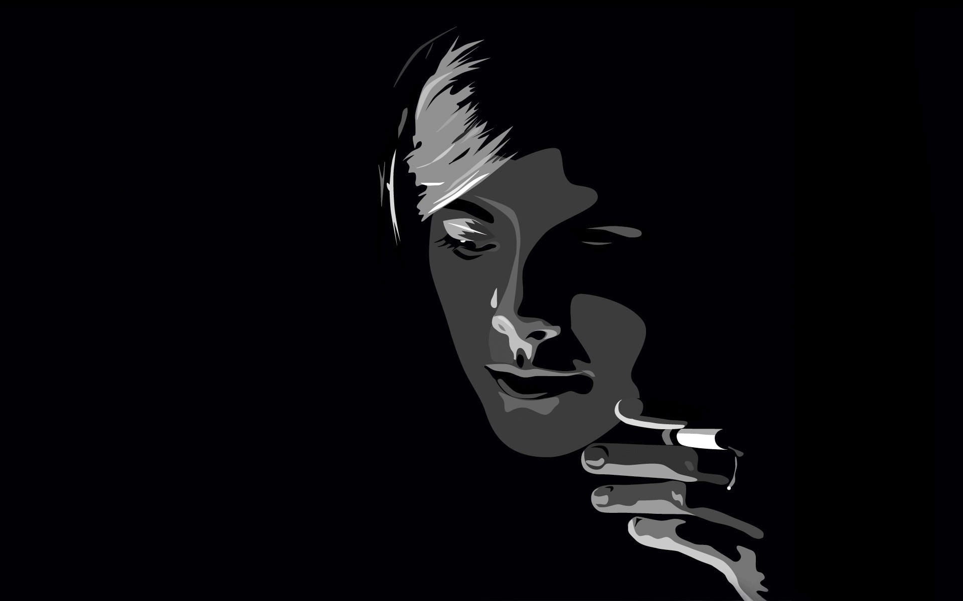graphic portrait of woman, black background, face, minimalism