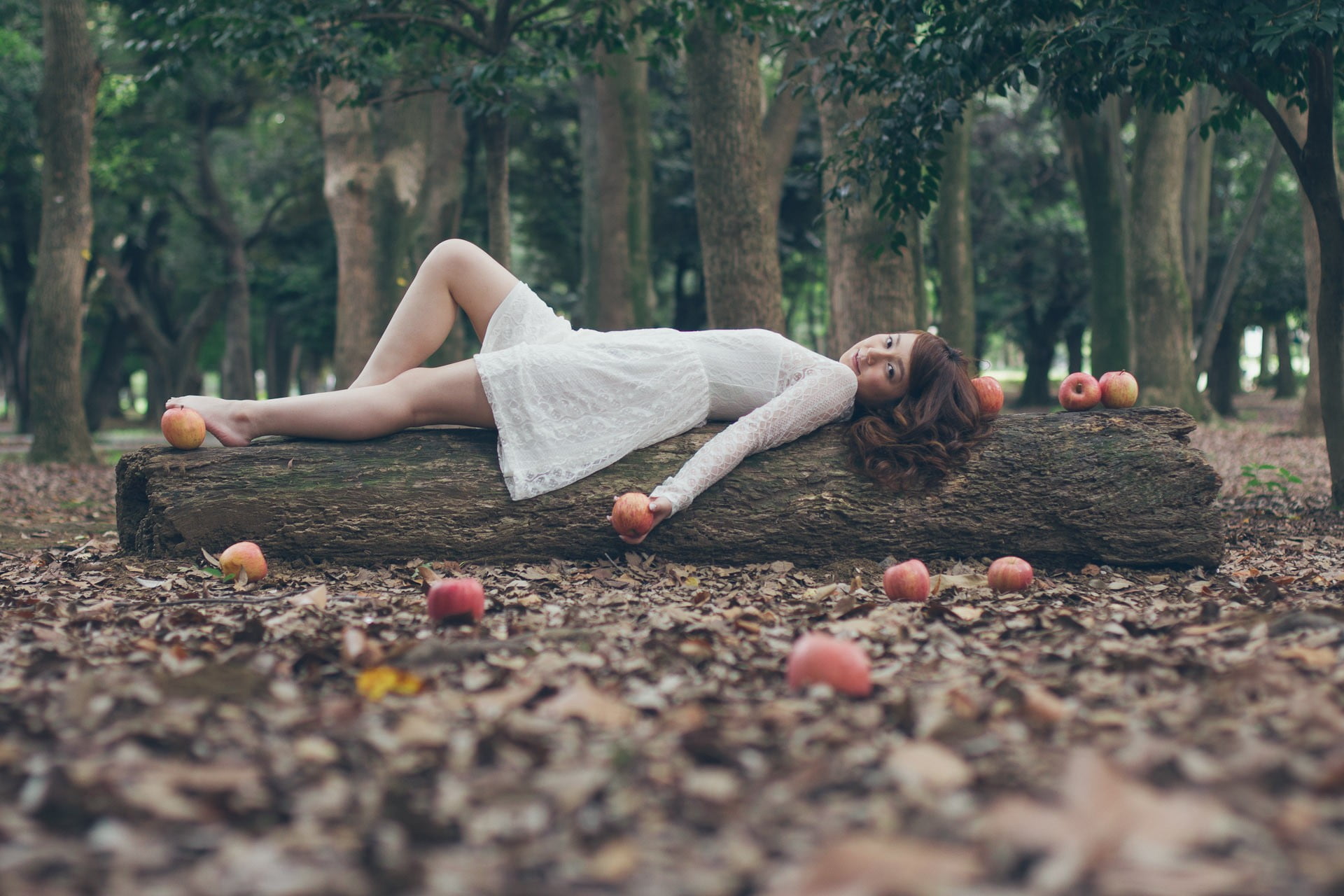 women, forest, lying down, apples, redhead, tree, full length