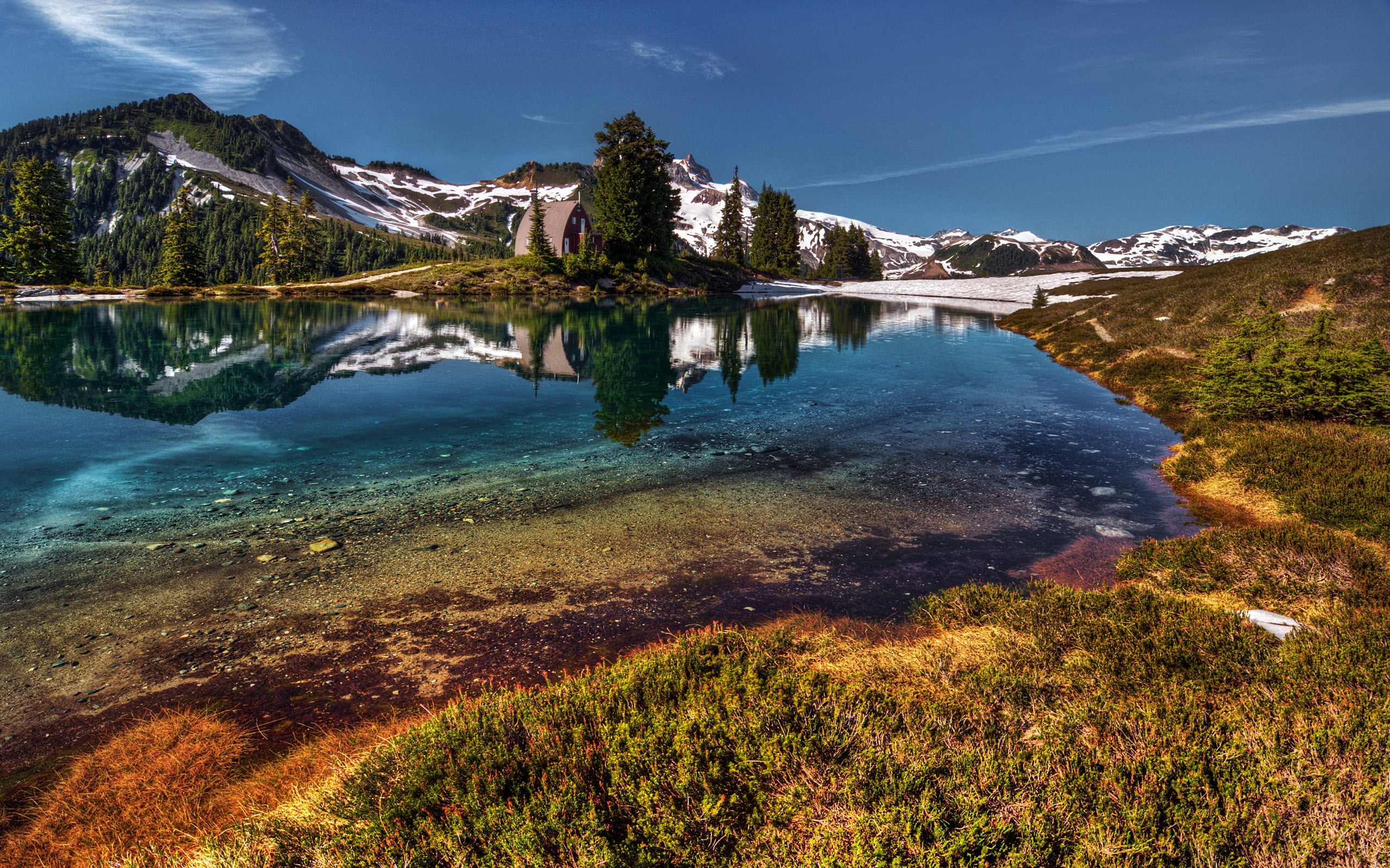 snowcap mountains beside lake, nature, reflection, HDR, water