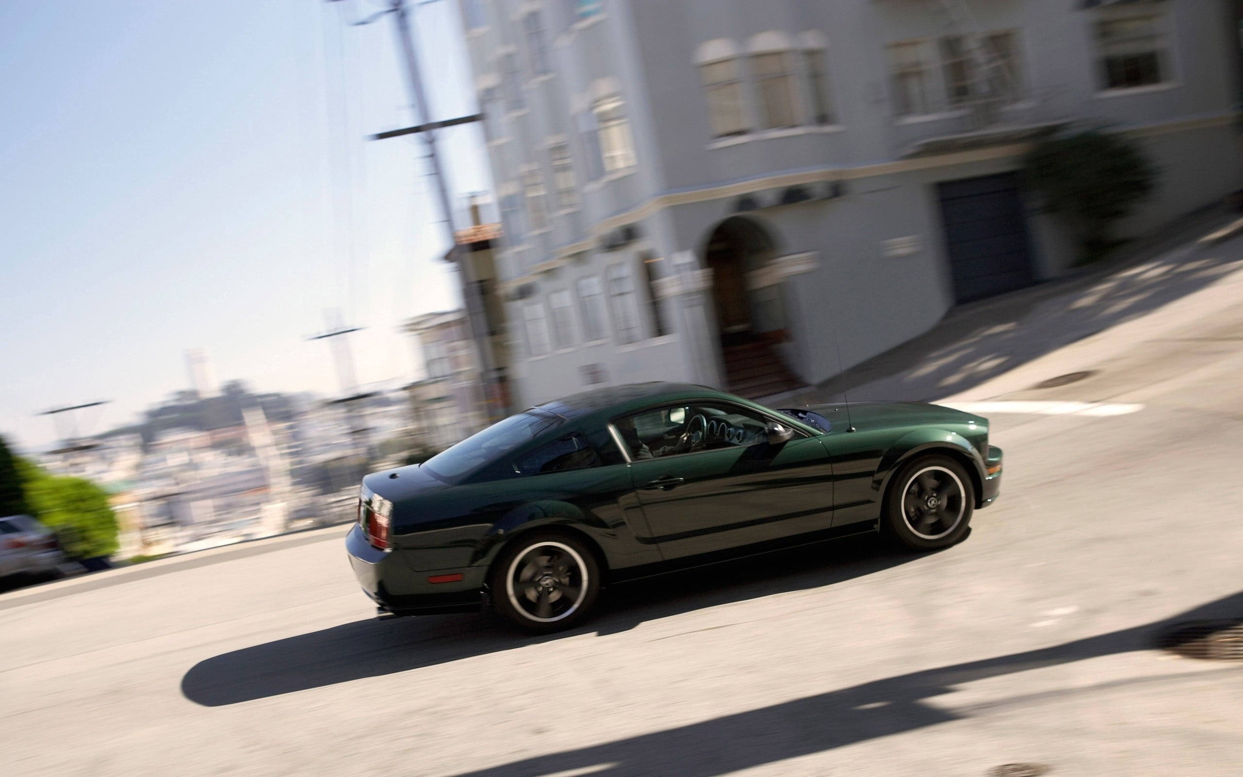 5th gen. green Ford Mustang coupe, car, street, transportation