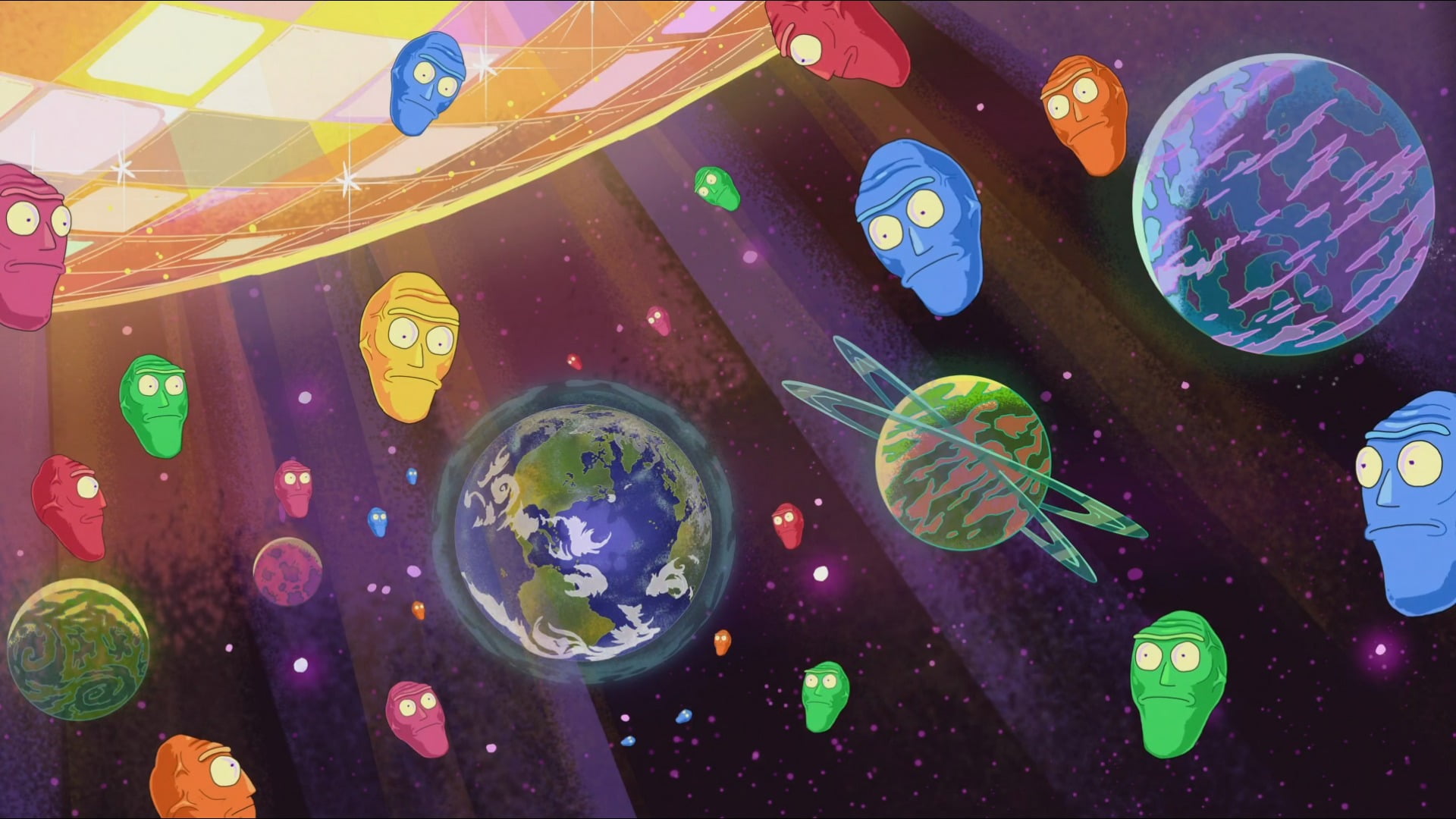 assorted planets illustration, Rick and Morty, space, multi colored