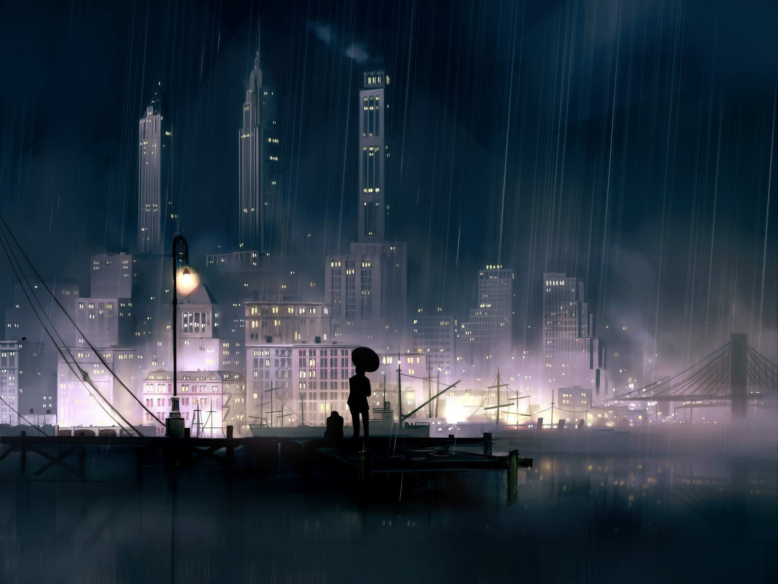 anime girls, city, night, rain, cityscape